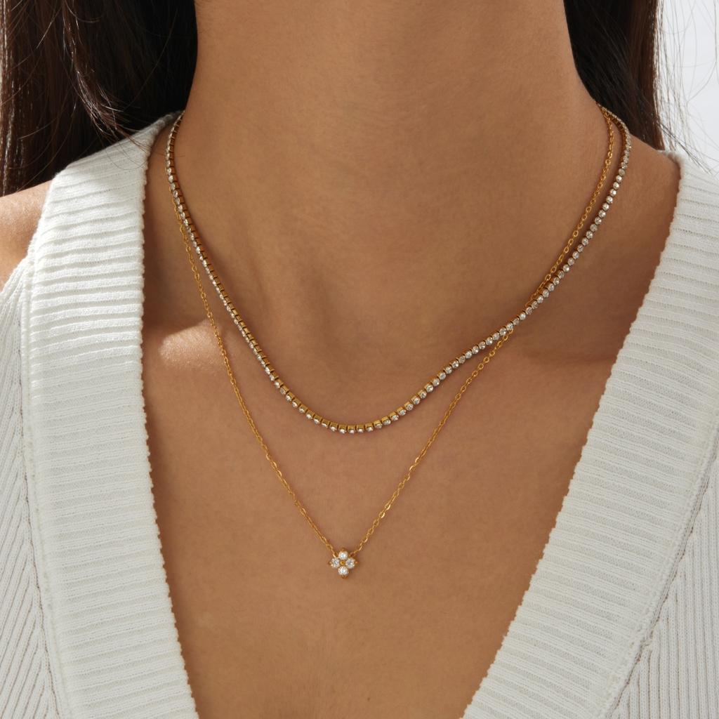 DIEYURO 316L Stainless Steel Elegant Trend Zircon Flower Double-layer Rhinestones Necklace Women Non-fading Neck Chain Jewelry