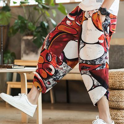 Harajuku Summer Loose Calf Length Casual Pants Men Wide Leg Cotton Linen Printing Baggy Pants Oversize Men's Trousers