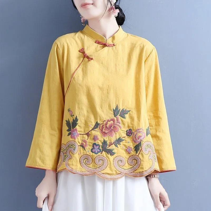 

Весенние Ретро Вышитые Хлопково-Льняные Рубашки в Китайском Стиле на Пуговицах с Длинным Рукавом и Воротником-стойкой Свободные Топы XXXXL жёлтый