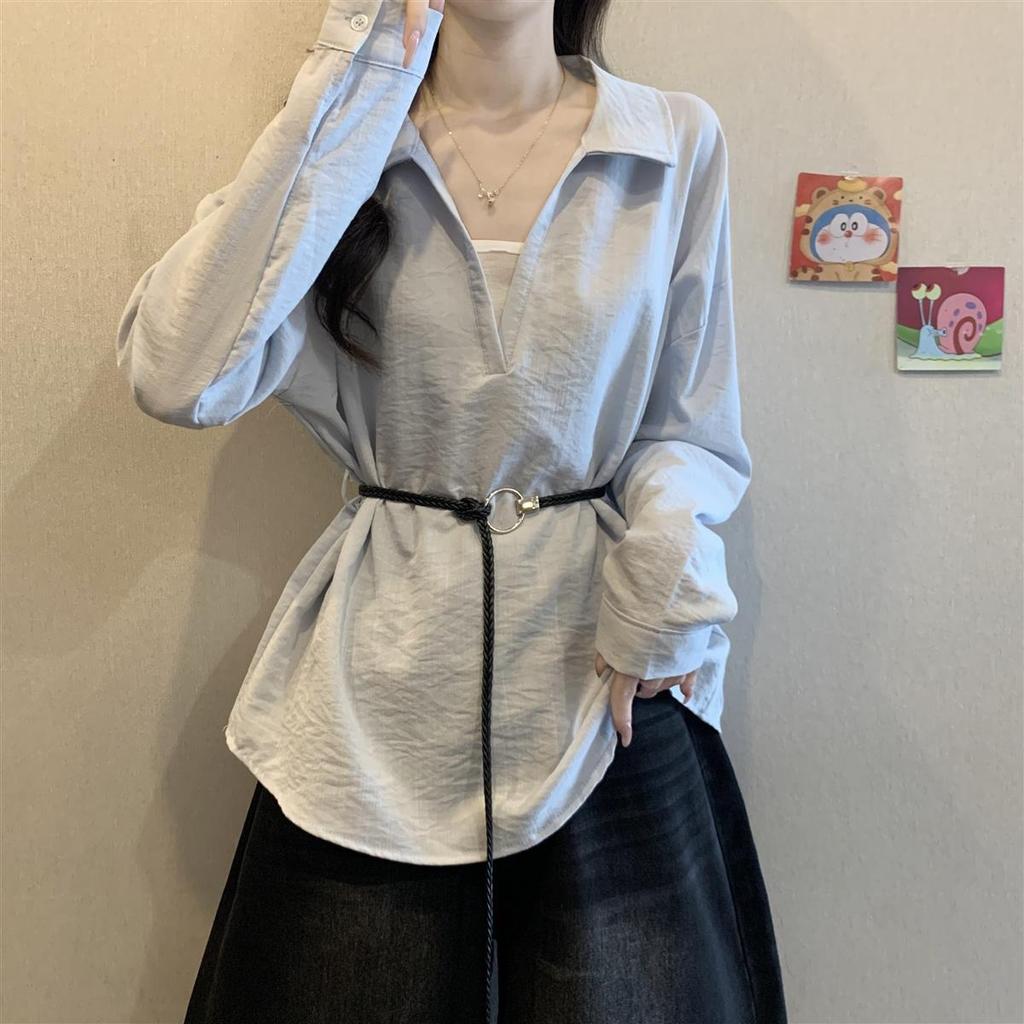 Korean-style V-neck Long-sleeve Shirt for Women, 2026 Spring and Autumn New Model, Versatile for Commuting, Faux Two-piece Top