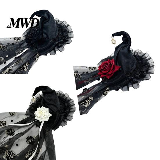 Halloween Costume Accessories Witch Hat with Rose for Women, Gothic Vintage Mini Wizard Spooky Party Decorations Headpiece Veil Costume, Dress