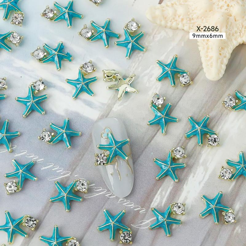10Pcs Ocean Starfish Shell Nail Charms Nail Rhinestones 3D Diamond Alloy Nail Art Decoration DIY Manicure Nail Part Salon Summer