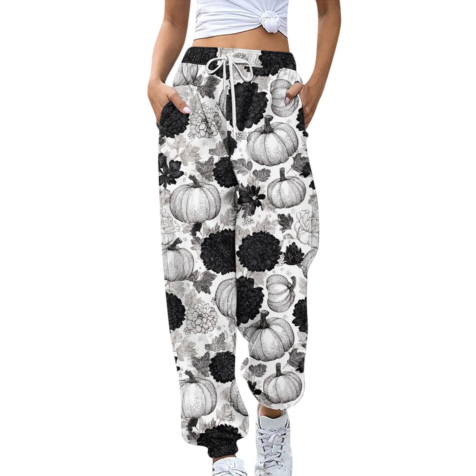 

Женские спортивные штаны Эластичный пояс Кулиска Повседневные брюки Принт на Хэллоуин Брюки с карманами L белый