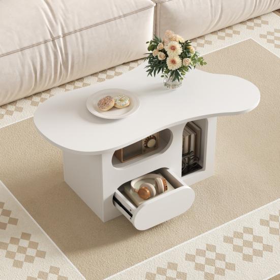 Coffee Table with Drawers, Cloud-Shaped Coffee Table with Open Storage Compartments, High-Quality Materials, 97 X 45 X 43.5