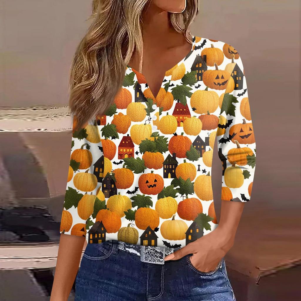 Női Póló Halloween Nyomtatás Gombos 3/4 Ujjú Napi Hétvégi Divat Alap V-nyakú Normál Felső