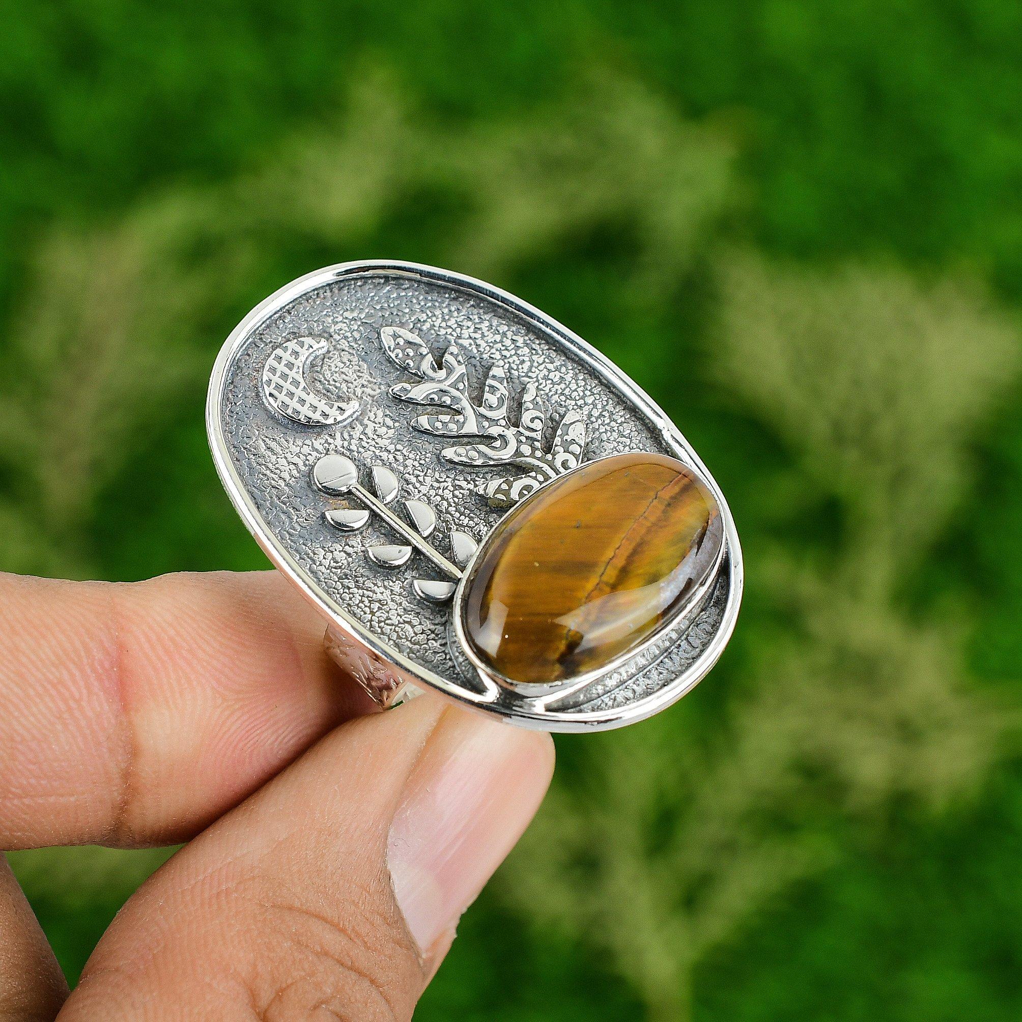 

Natural TigerS Eye Gemstone 925 Silver Statement Adjustable Ring For Women Adjustable