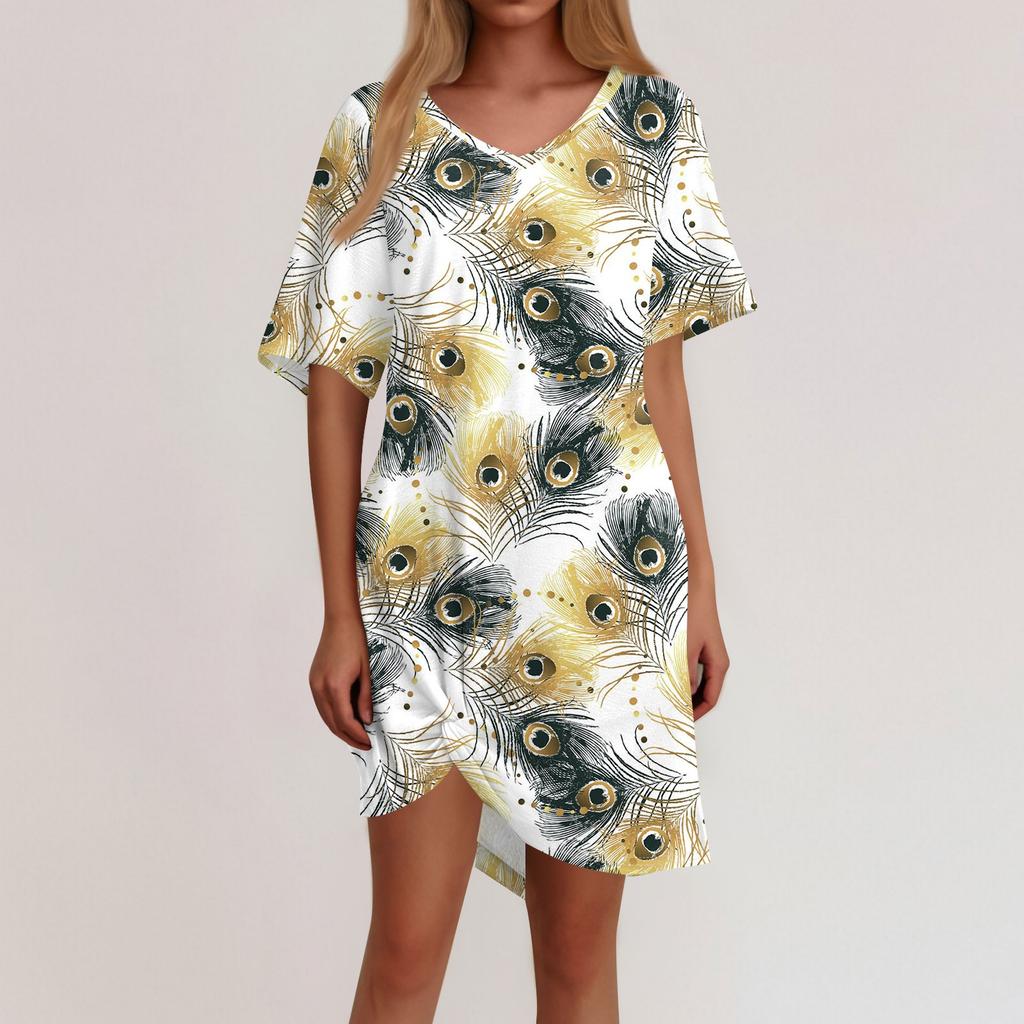 Women's Summer Casual Feather Printed Hem Knotted Short Sleeve Dresses
