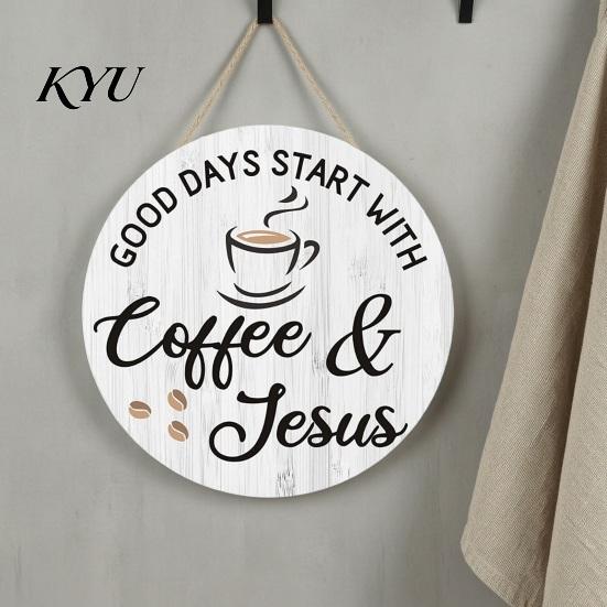 Coffee Shop Wall Art Wooden Bar Signs, Rustic Themed Hanging Sign, Cup Decorative Wood Signs for Breakfast Nook Shape & Round Plaque Farmhouse Kitchen