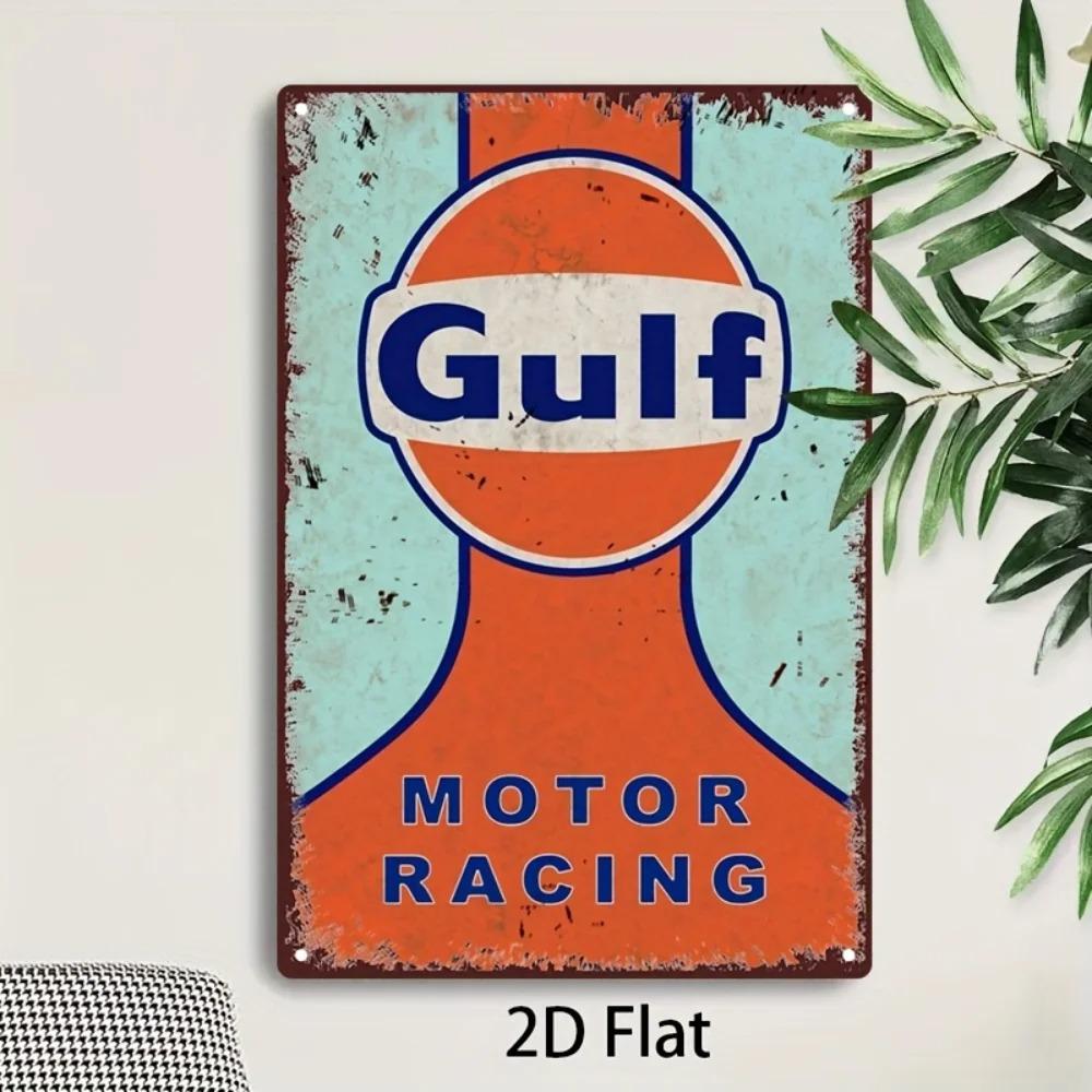 GULFMOTORARTZ Vintage Gulf Motor Racing Metal Sign Retro D Flat Tin Wall Art Cafe Living Room Home Decor
