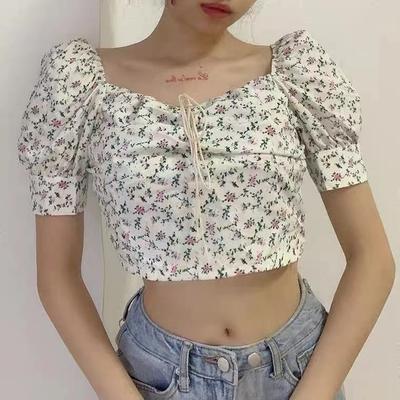 New Spring and Summer Style Small Fresh Square Collar Floral Puff Sleeve Short Sleeve Top To Make It Look Slim and Short T-shirt for Women