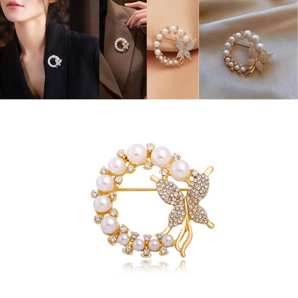 Stylish And Elegant Silver And Gold Butterfly Brooch With Rhinestones And Pearls For Women