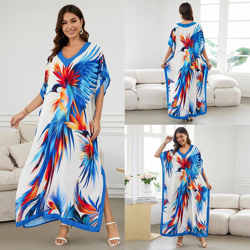 Luźny bawełniany szlafrok z nadrukiem w dużym rozmiarze - okrycie na wakacje na plaży dla kobiet