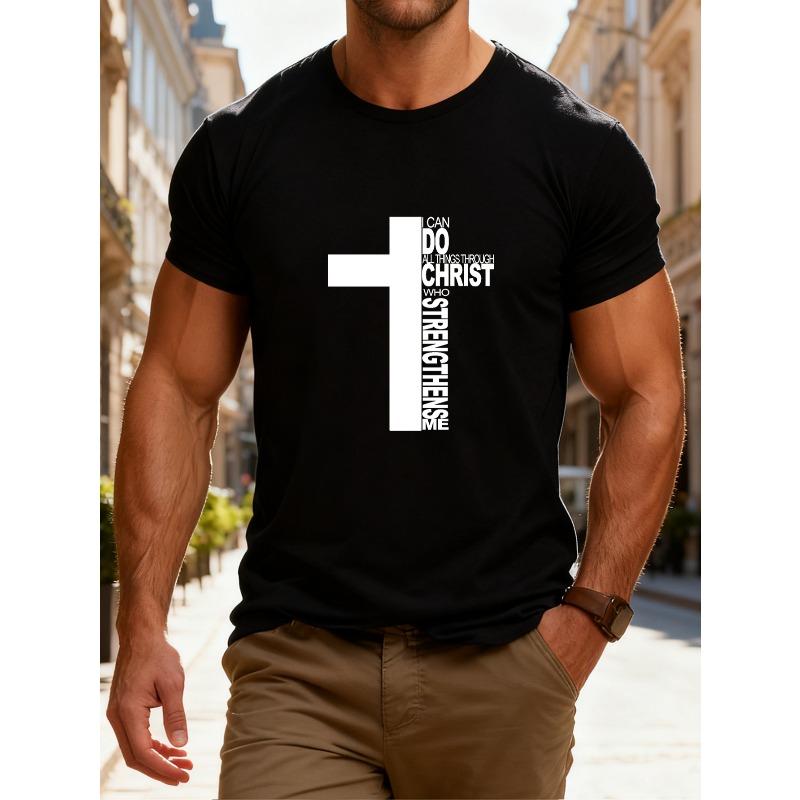 Men'S Summer Top, Casual Round-Neck T-Shirt, Regular Fit Adult Leisure Fashion Short-Sleeve T-Shirt Featuring a White Cross with 'IN CHRIST' Engraved