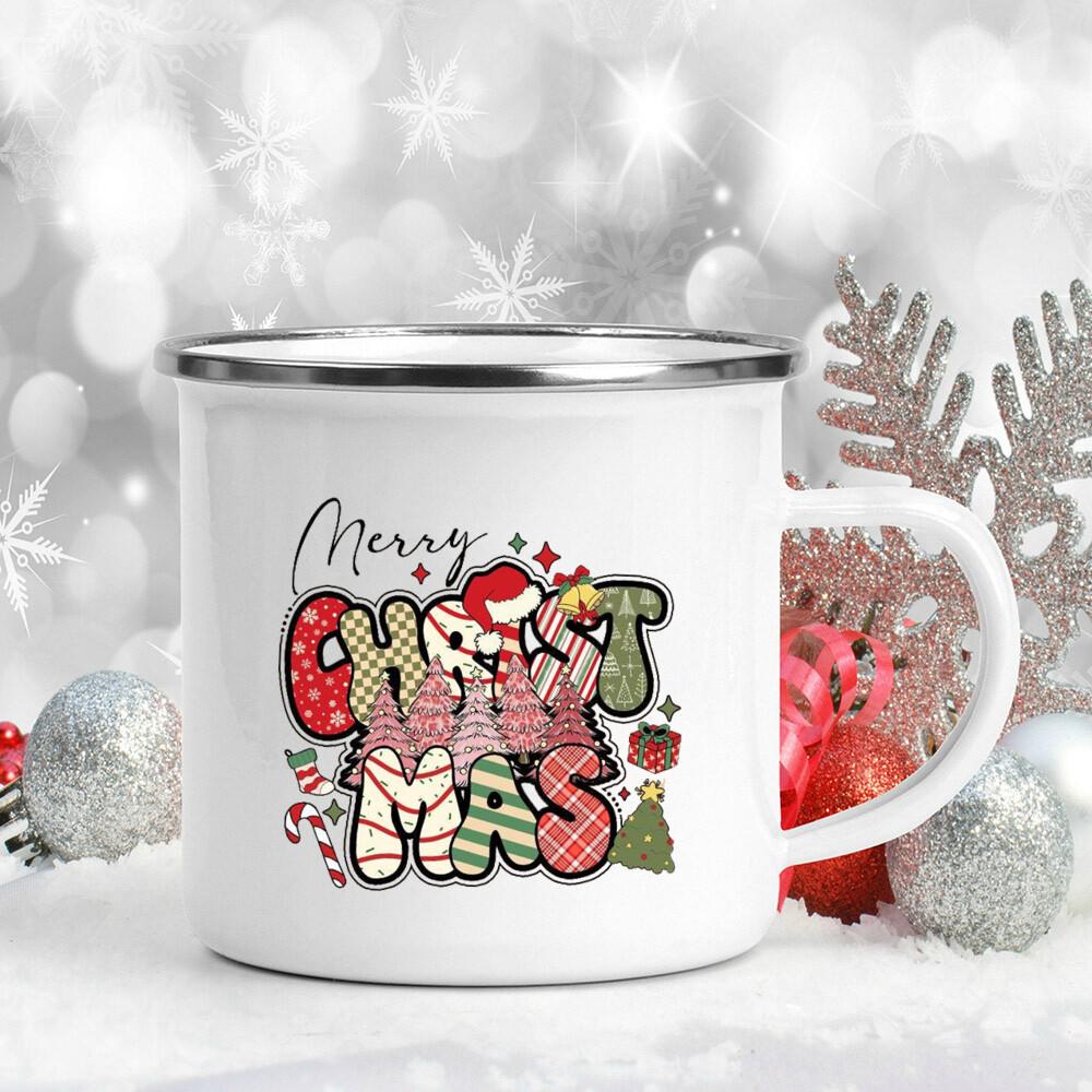 Merry Christmas Enamel Cup Hot Cocoa Juice Mugs Christmas Party Drink Tea Wine Beer Cups Xmas Holiday Gift