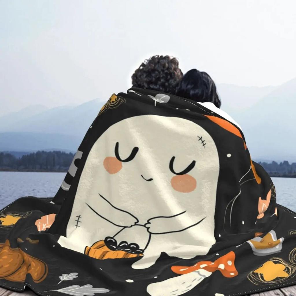 Halloween Pumpkin Ghost Blanket Flannel Print Scary Nap Multi-function Super Warm Throw Blanket for Sofa Office Bedspreads