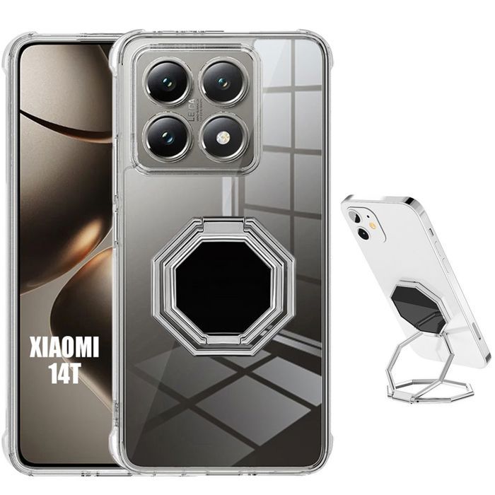 Coque pour Xiaomi 14T, Transparent avec Support Métal Octogonal - E.F.Connection®