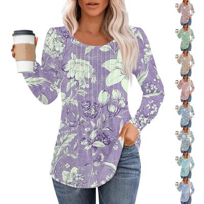 Women's Fashion Casual Pleated Round Neck Vintage Floral Print Long Sleeve T-Shirt Top
