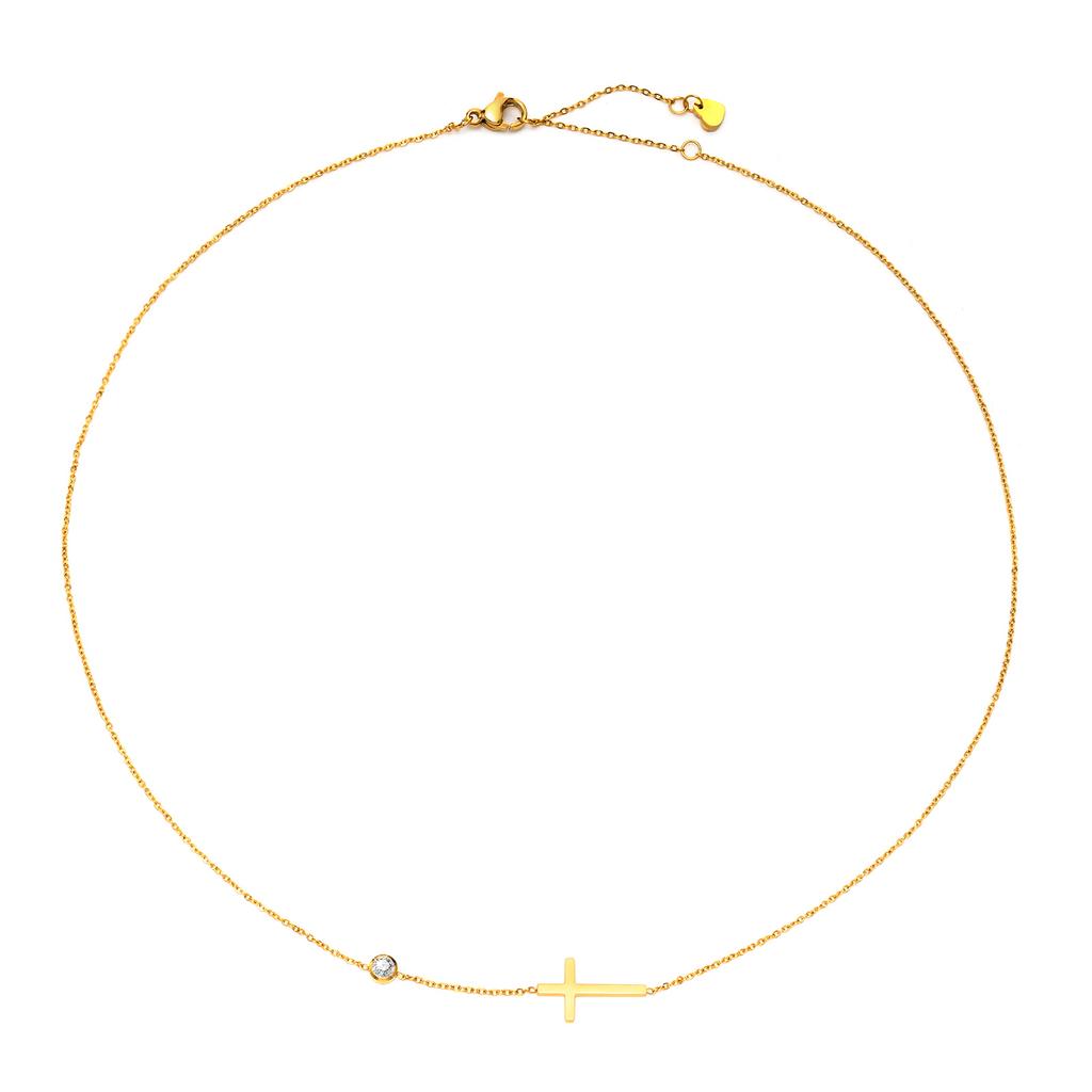 Delicate Petite Sideway Cross Necklaces Pendant Women Stainless Steel Thin Chain Link Christian Jewelry