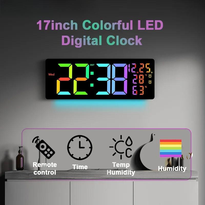 17inch Household Large Digital Alarm Clock Dynamic RGB Display LED Wall Clock Room Decor Colorful LED Digital Clock