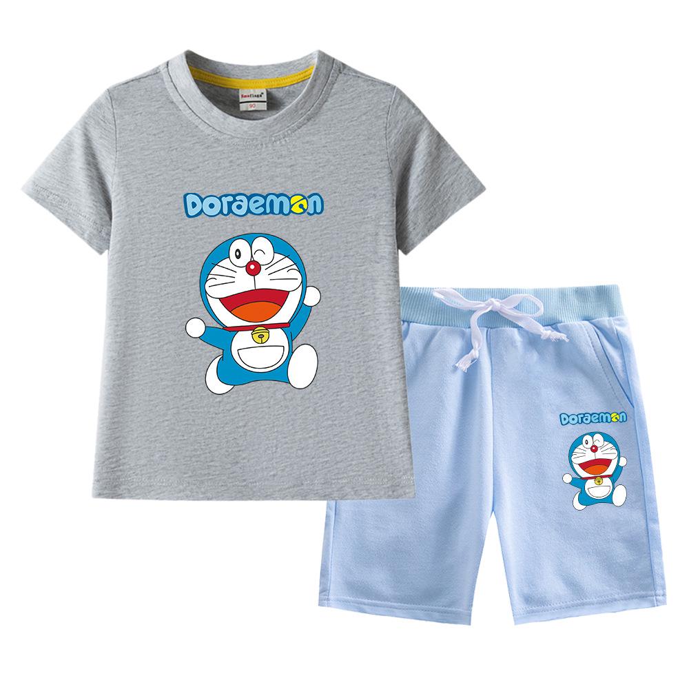 Doraemon Kids' Summer Set: Short-Sleeve T-shirt & Capris for Boys and Girls - Lightweight Casual Two-Piece.