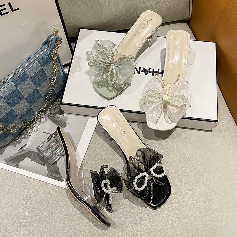 Slippers Women's Summer Outer Wear New Crystal Thick Heel Pearl Bow Transparent High Heel Cool Slippers