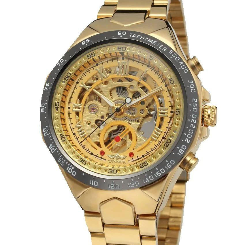 New Classic Luxury Brand Gold Skeleton Watch for Men Mechanical Watches Casual Stainless Steel Strap Vintage Wristwatches New