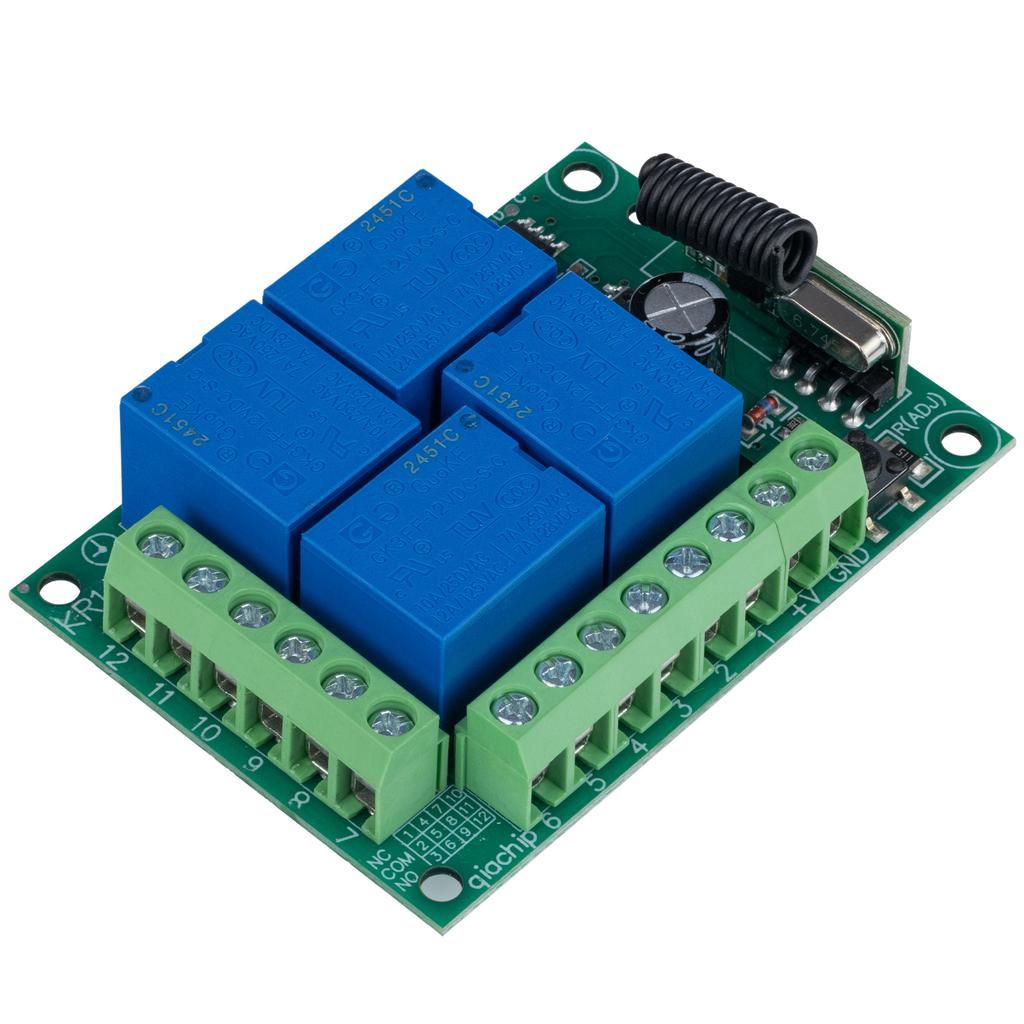 Rosfix Moduł Przekaźnika z Pilotem 433MHz – Zasięg do 100m | 4 Przekaźniki w Obudowie | Napięcie 12V DC, Częstotliwość 433MHz