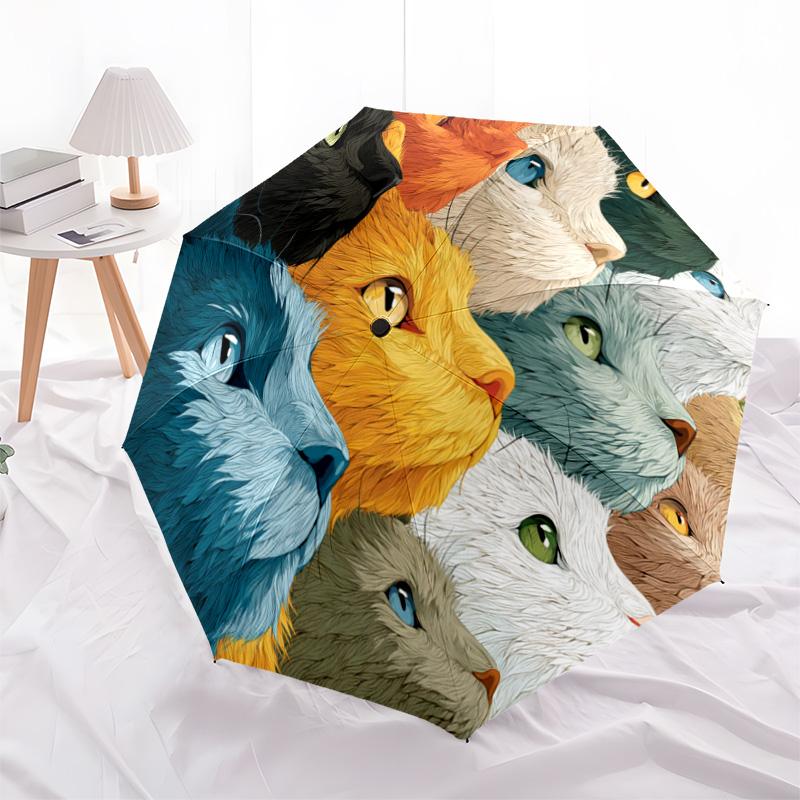 1 PC Automatic Folding Umbrella - Colorful Cats Pattern, Portable & Foldable Design with 8 Ribs, Christmas Birthday Gifts