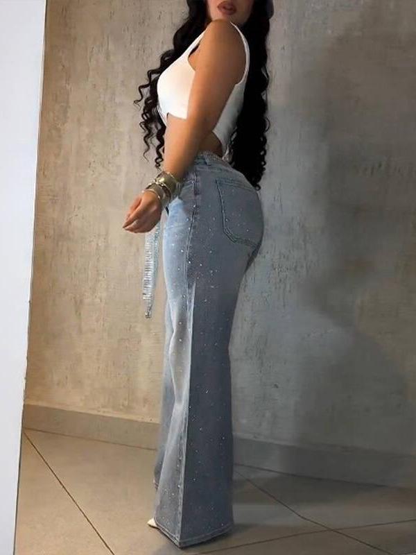 Women's European-Style High-Waist Diamond Straight-Leg Jeans with Belt