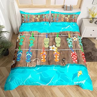 Flip Flops Soft Duvet Cover Quen Sized Dimensions Carton Beach Holiday Beding Set Children Kids Young Boys Young Girls Bedrom Decor Rainbow Flowers