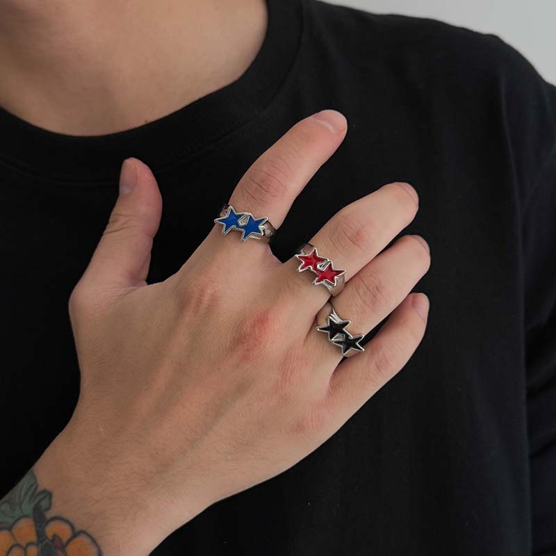 Vintage Black Drip Oil Pentagram Star Open Rings for Women Men Hip Hop Rock Metal Star Adjustable Couple Rings Zircon