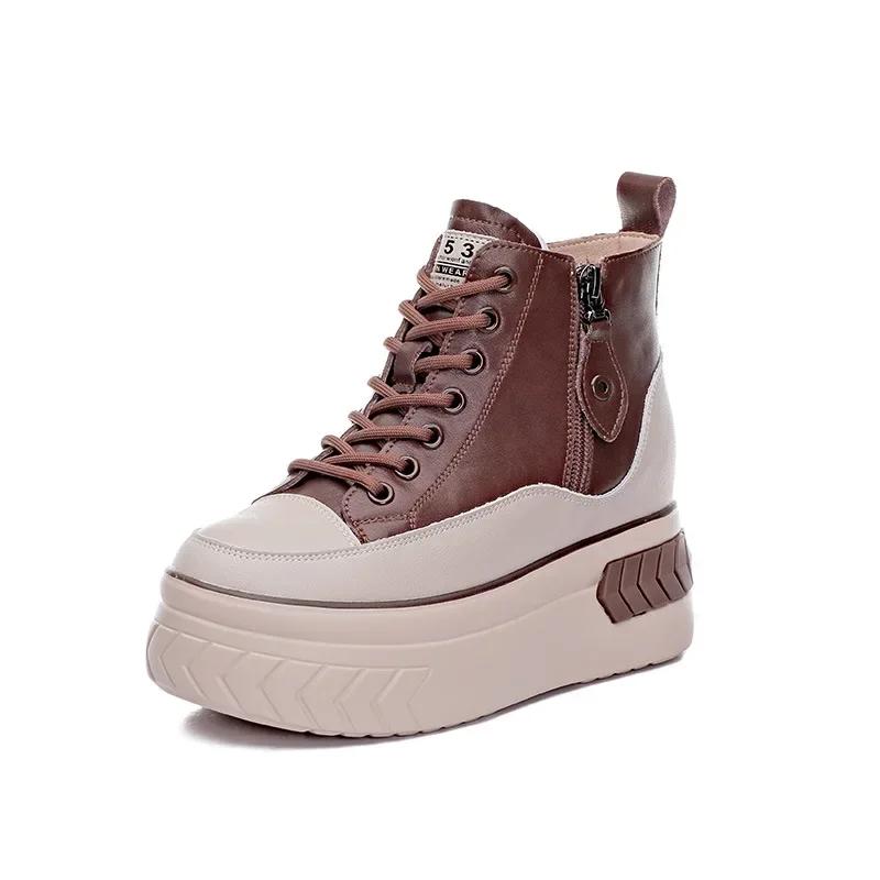 Mode 2025 High Top Damen Schuhe Echtes Leder 8cm Plateau Stiefel Keil Versteckter Absatz Reißverschluss Frühling Herbst Warmes Fell Winterschuhe Sneaker
