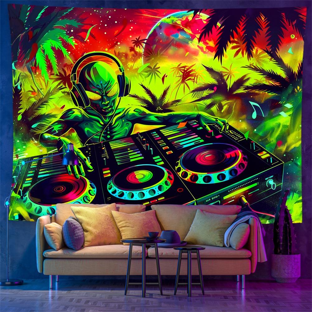 Trippy Kosmita DJ Czarny Światło Gobelin Reaktywny na UV Psychedeliczny Neonowy Dekoracja Ścienna Płaski Druk 2D Skóra Brzoskwiniowa Wystrój Sypialni 150x130