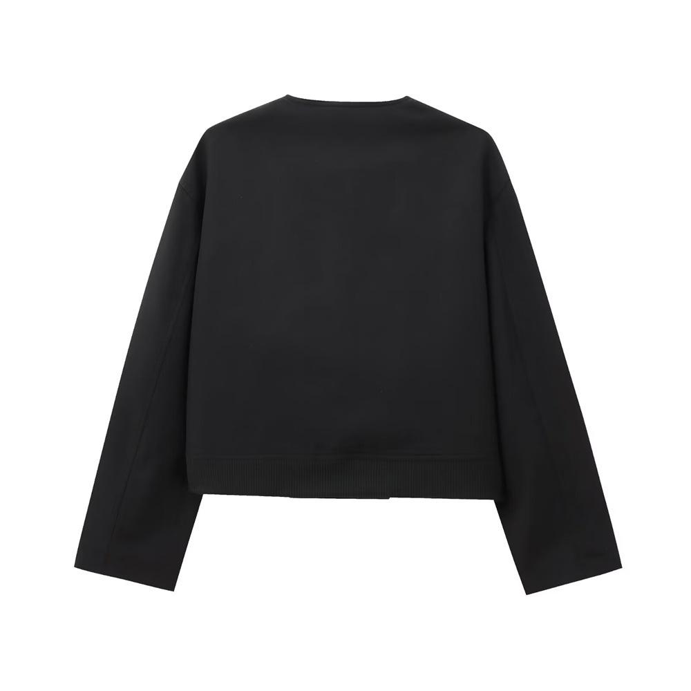 Cross-border Wholesale Foreign Trade Women's Clothing 2025 European and American New Fashion Loose Round Neck Pocket Decoration Long-sleeved Short
