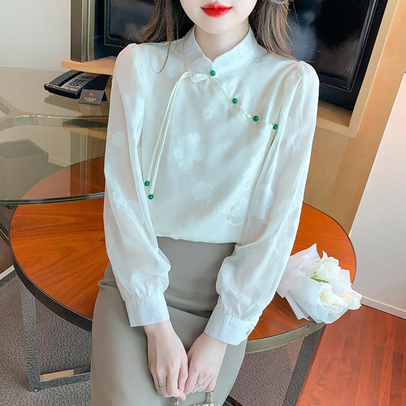 2025 Spring New Chinese Style Women Blouses Shirts Long Sleeve Stand Collar Black White Chiffon Blouse Shirt Women Tops J771