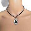 Retro Black Cat Relief Oval Pendant Black Bead Chain Necklace for Women Halloween Party Mysterious Witch Jewelry Accessory Gifts