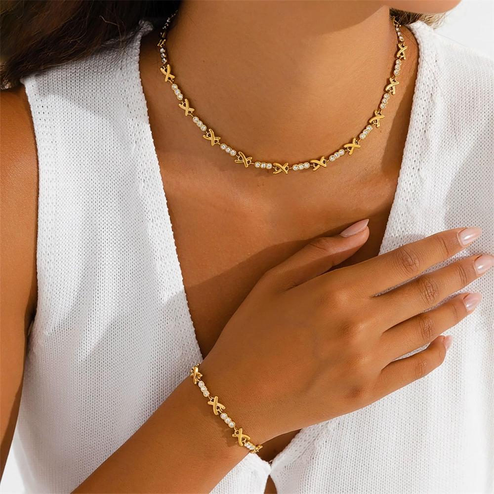 Luxury Cubic Zirconia Love Island Necklace Stainless Steel XO Choker 18k Gold Plated Necklaces Friendship Gift for Women Girl