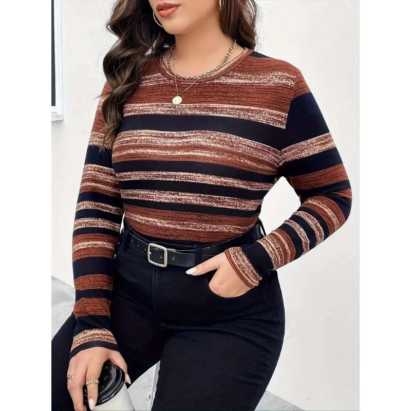 Women S Plus Size Long Sleeve Crew Neck Striped T Shirt Casual Spring Autumn