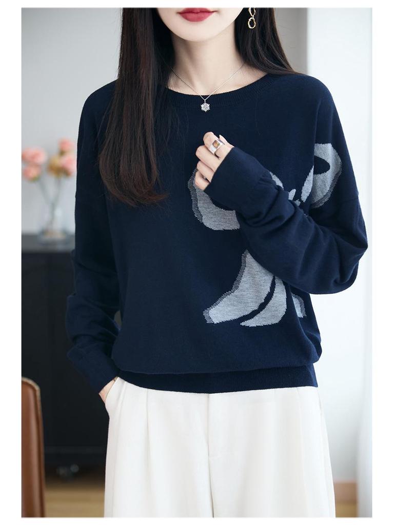 Jacquard Women's Loose Knit Sweater: Round Neck, Long Sleeve, Plus Size, Autumn/Winter High-End Fashion.