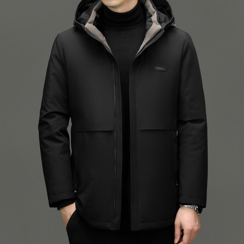 Herrenmilchseide Daunenjacke mit Kapuze Verdickt Papa Jacke Mittellange und Lange Daunenjacke Abnehmbare Innenjacke