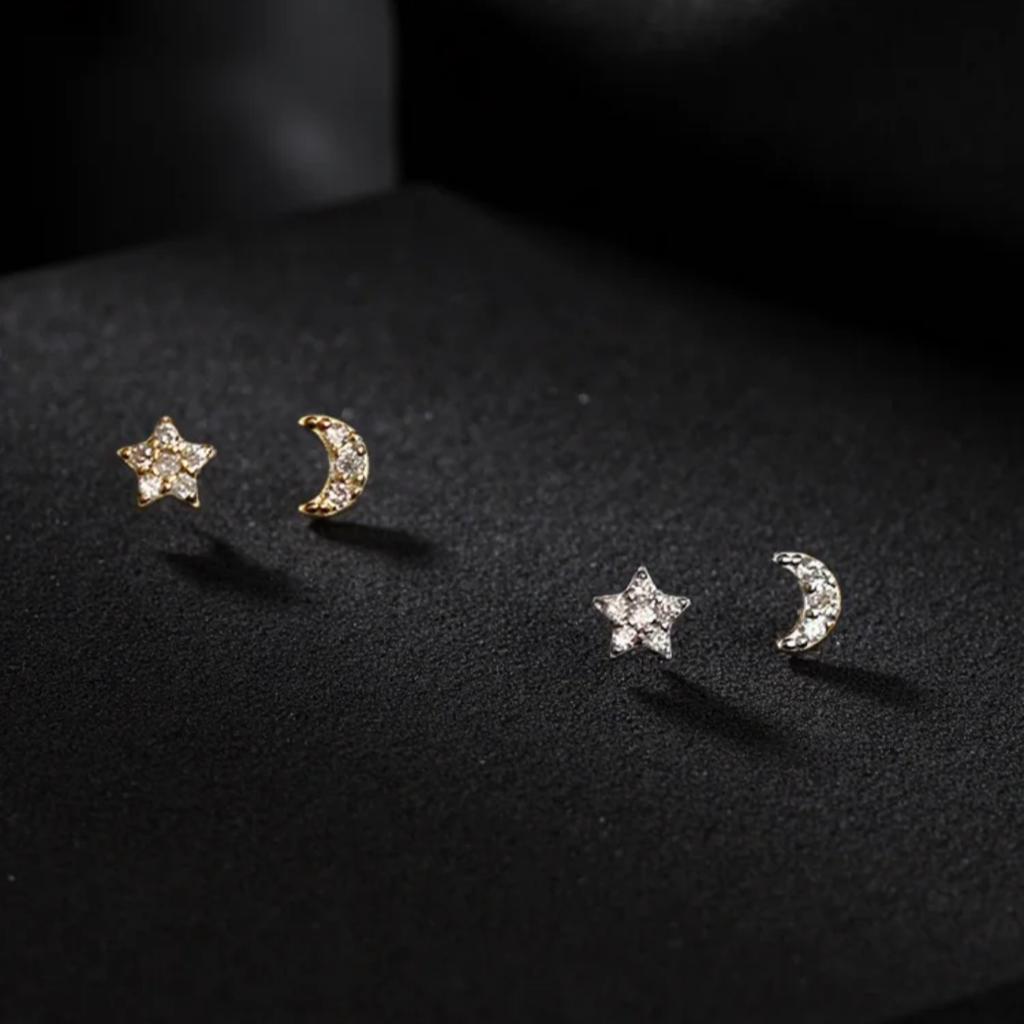 S925 Sterling Silver Star and Moon Earrings for Women Girl Cute Asymmetric Super Mini Stud Earrings Korean Fashion Jewelry Gifts