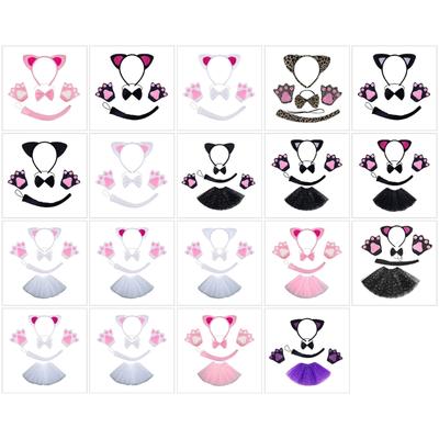 Set Costume Gatto Include Coda di Gatto Fascia con Orecchie Papillon Guanti Gonna Vestito Gatto Halloween per Bambino Donna Cosplay