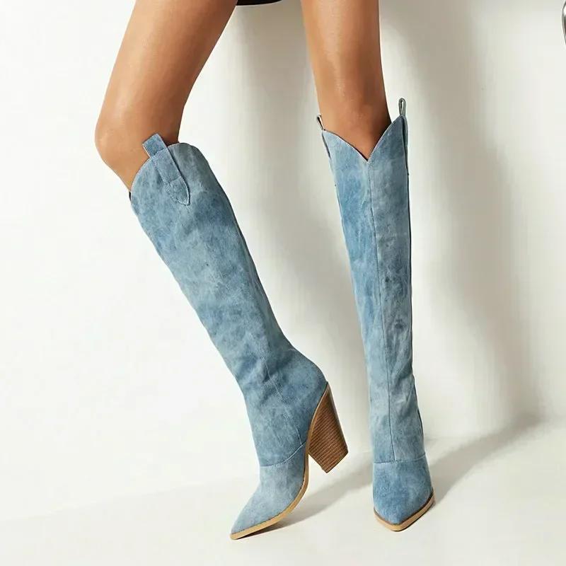 Women Knee Thigh High Boots New 2025 Autumn Winter High Heel Cowboy Long Boots Size 43 Slip on Woman Shoes