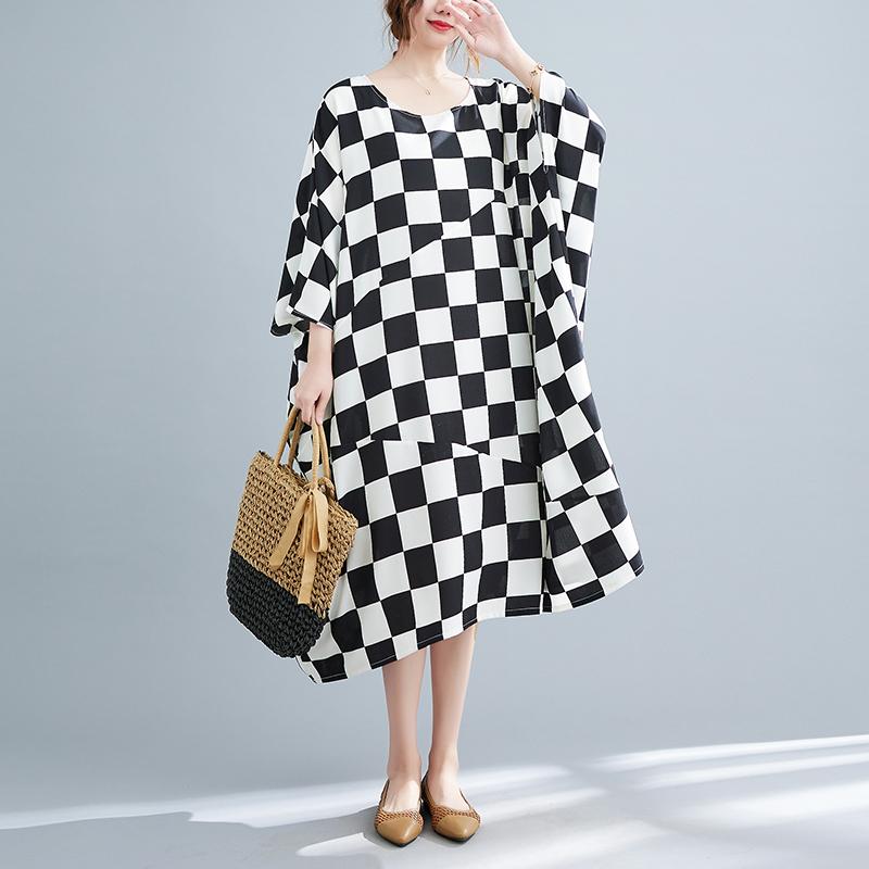 

DIMANAF 2024, женское летнее мягкое платье больших размеров, элегантное женское длинное платье в клетку с принтом, модное стильное свободное платье One Size чёрный