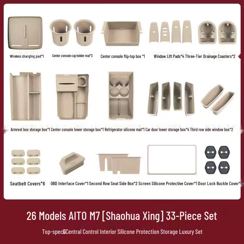 Compatible with 26 AITO M7 models, this silicone car interior set features wireless charging capabilities and decorative modifications.