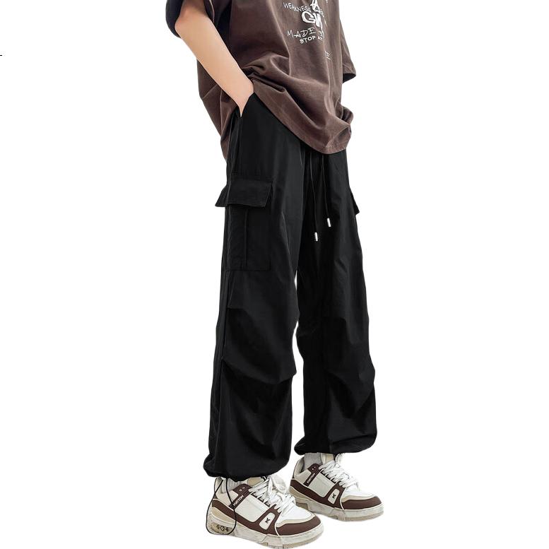 Homlean American-Style Wide-Leg Paratrooper Cargo Pants for Men, Spring Outdoor Sports Versatile Heightening Straight-Leg Trousers KMX05 Black 2XL