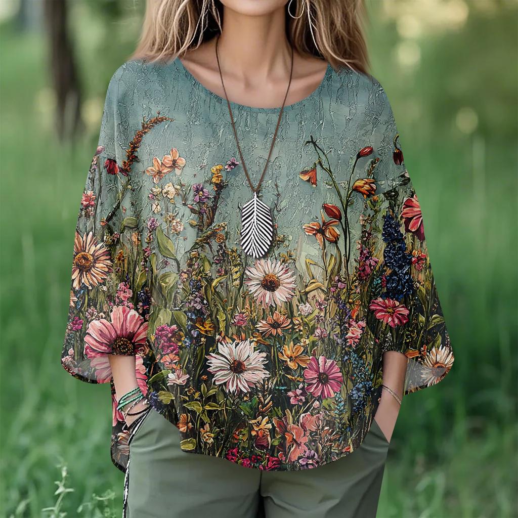 Summer Tops For Women Cute V Neck 3/4 Sleeve Blouses Floral Print Top Casual Shirts