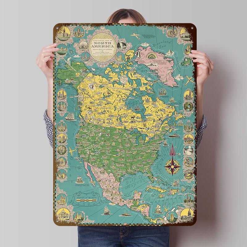 North America Map Tinplate Posters Customizable Wall Art Retro Vintage Metal Signs for Home Room Garage Decoration Gaming Garden