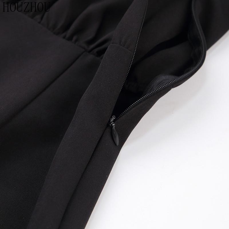 HOUZHOU Abito Nero Donna Scollo a V Vita Alta Classico Coreano Basic Elegante Maniche a Sbuffo Maniche Corte A-line Miniabito