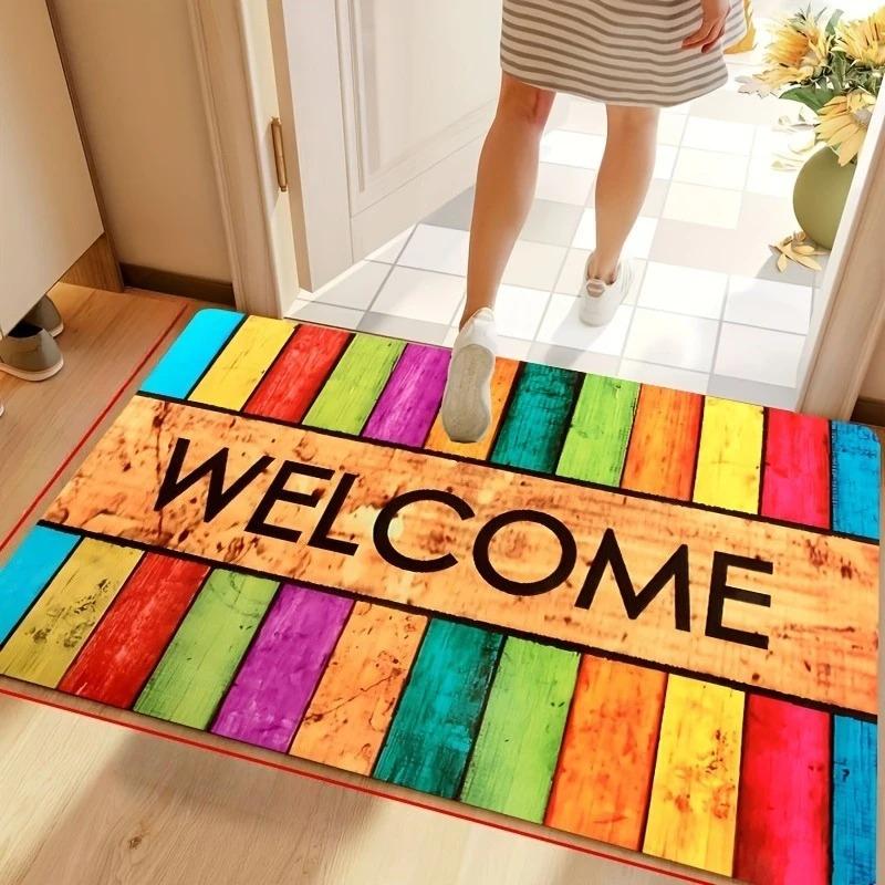 1PC Colorful Wooden Welcome Pattern Door Mats Kitchen Rug Non-Slip Pop Bathroom Rugs Bath Mat Carpet for Home Sink Laundry Decor